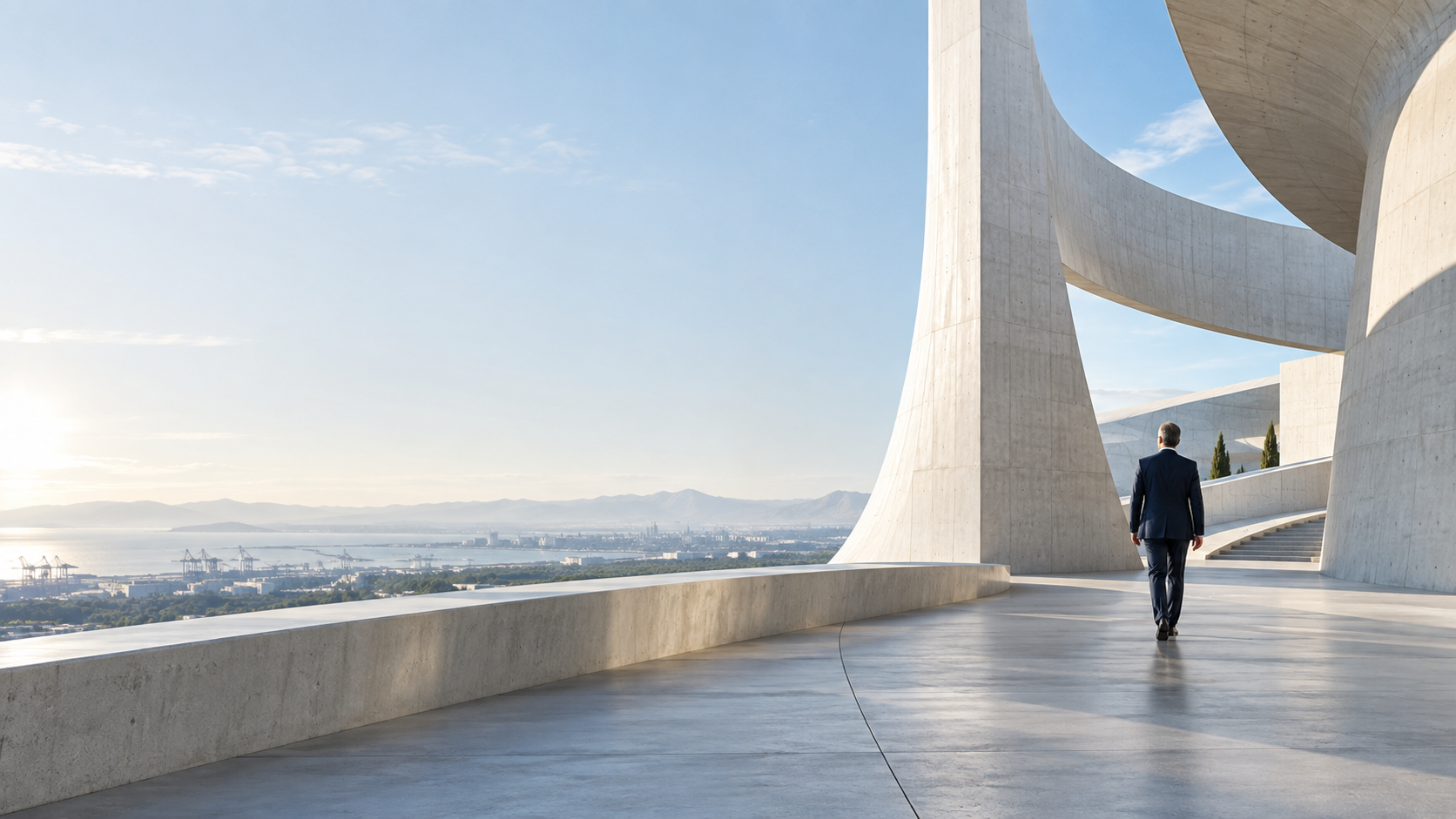 Arquitectura contemporánea abierta al paisaje con una figura directiva en movimiento